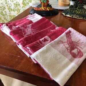 Cloth Napkins Set of Six Cotton Red White Lobster Print Nautical Coastal Beach